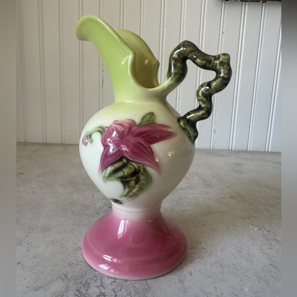 Hull Pottery Woodland W6 - 6.5” Pink & Green Ewer Pitcher Floral Vintage 1950’s